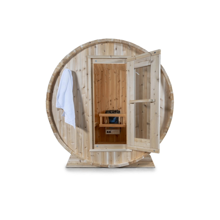 Front view of sauna with sauna door open