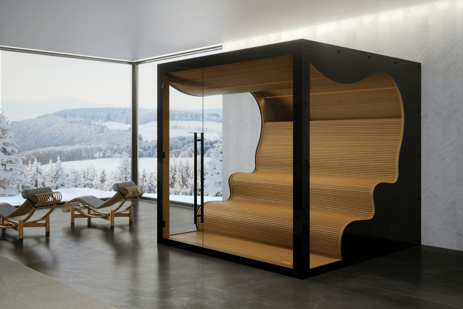 Image of Indoor Sauna in an Apartment with a view of a Snowy Hill