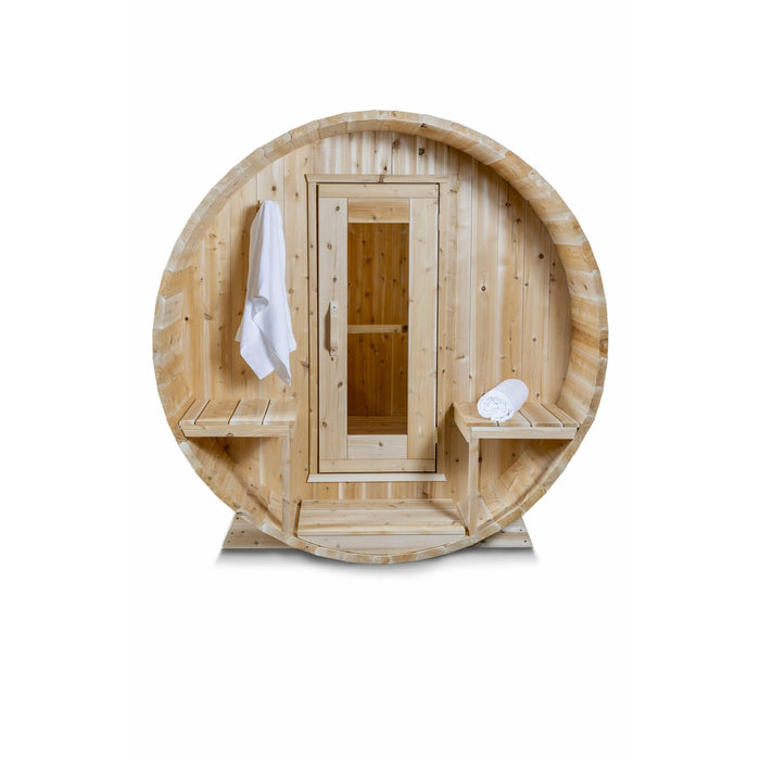 Front view of sauna with door closed